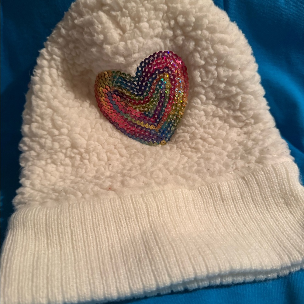 Ivory Beanie with Rainbow Sequined Heart
